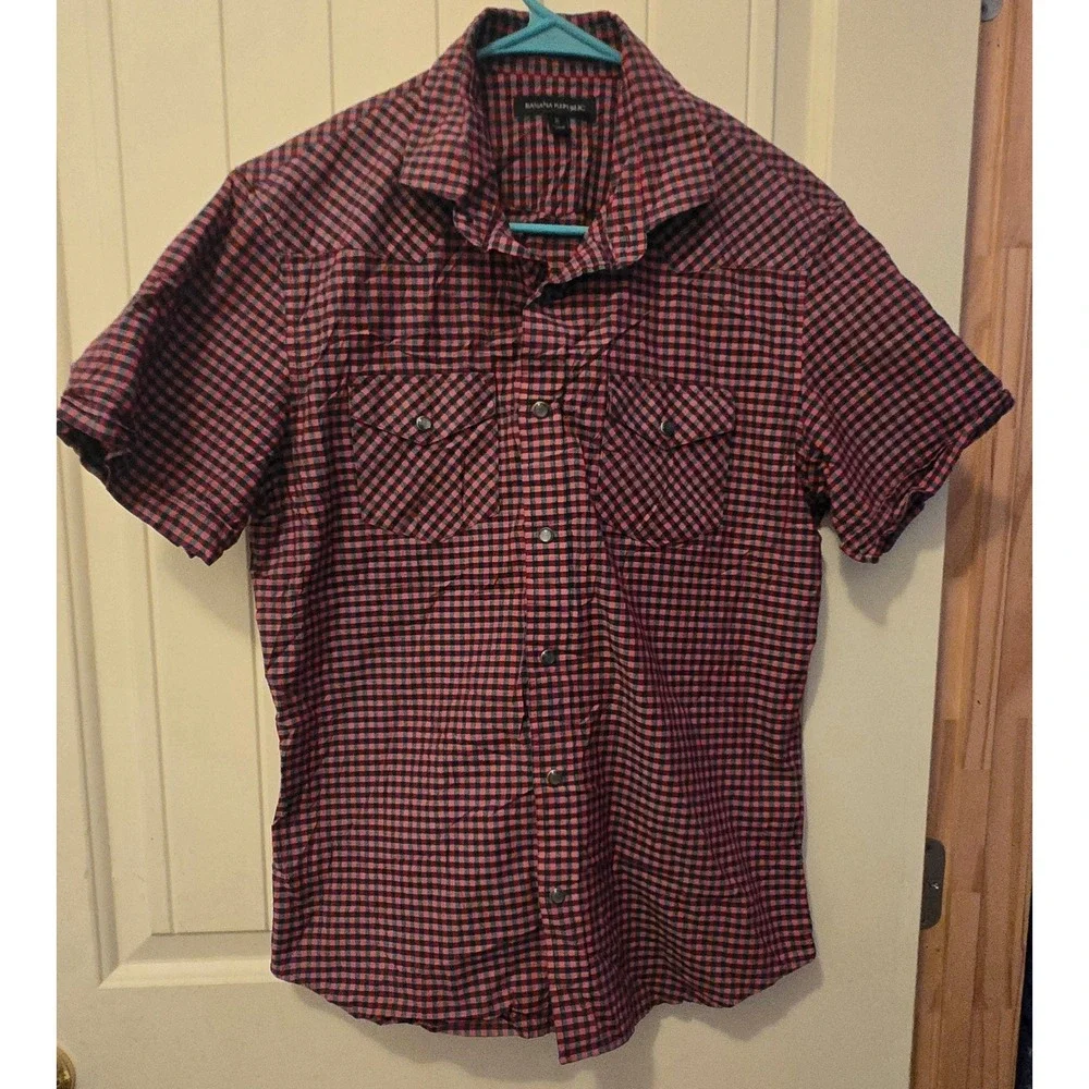 Banana Republic Mens M Pearl Snap Western Shirt Red Blue Check Short Sleeve